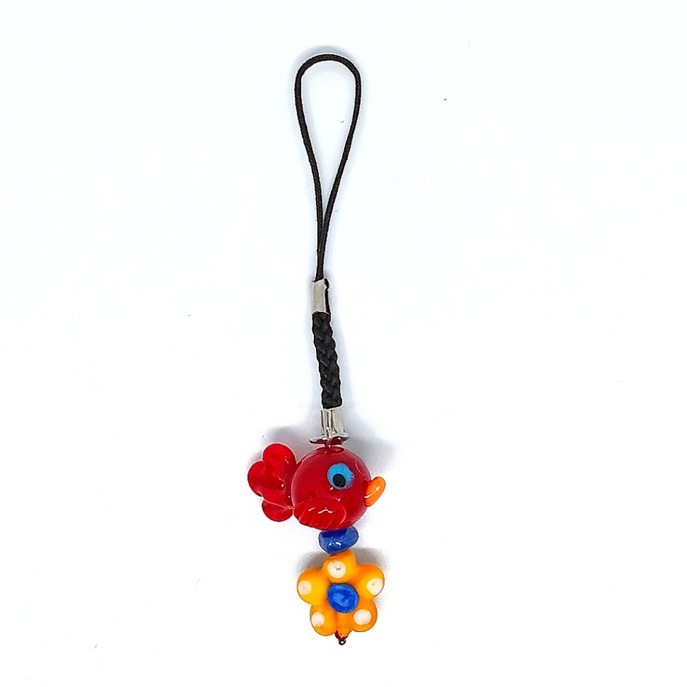 HANDMADE Red Cardinal & Yellow Flower Glass Beaded Phone Charm / Bag Charm